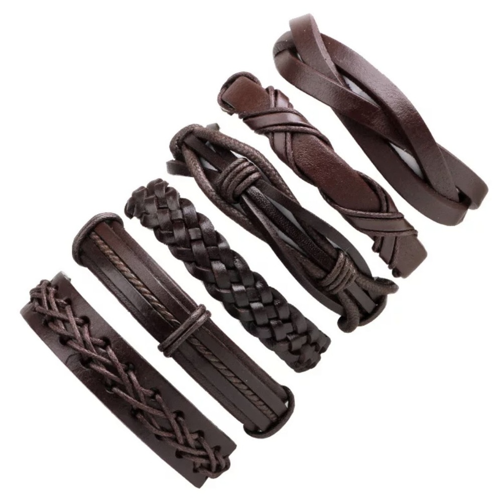 6pcs Brown Braided Leather Bracelet for Men